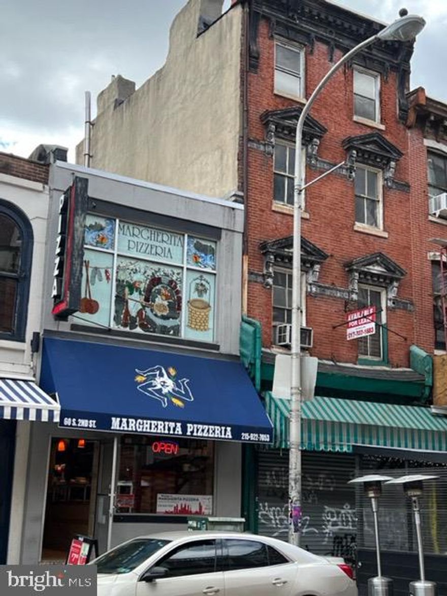 Located in the heart of Old City Philly and Penn's Landing.  Presently used as a Pizza restaurant on the ground floor, the building has a second floor and a basement.  Great location, next to Rotten Ralph's Pub, many restaurants, banks and shops.