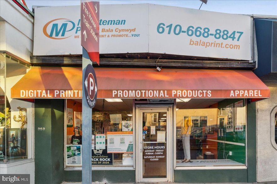 Now available on one of the Main Line’s most active business corridors, 350 Montgomery Avenue offers a rare opportunity to establish your business in the heart of Merion Station. This highly visible location benefits from both strong foot traffic and steady vehicular flow, making it ideal for businesses seeking daily exposure and convenient accessibility.

The property features approximately 1,900 square feet of interior space, complemented by a full basement that provides valuable additional storage or operational flexibility. Currently used as a print shop, the layout is open and adaptable, allowing for a wide range of potential uses, from professional offices and retail to service-oriented or creative concepts.

Positioned along Montgomery Avenue, a well-traveled Main Line thoroughfare, this space is surrounded by established businesses and a vibrant residential community, creating a built-in customer base. With its combination of visibility, flexibility, and location, 350 Montgomery Avenue is a compelling setting for a business ready to grow and thrive.