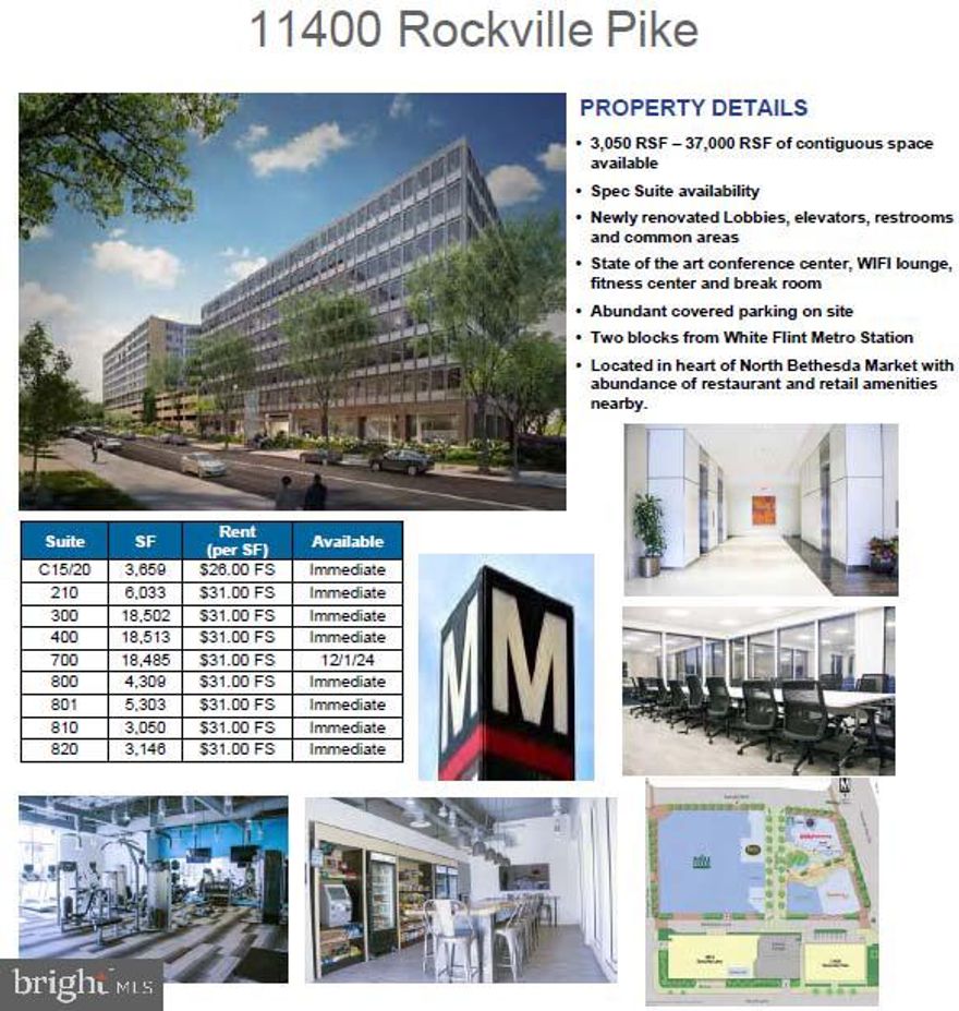 3,050 RSF - 37,000 RSF of contiguous space available. Spec Suites availability. Newly renovated lobbes, elevators, restrooms, and common areas. Tenant shared conference center, WiFi lounge, fitness center, and break room. Abundant covered parking available on site. Two blocks to White Flint Metro Station.