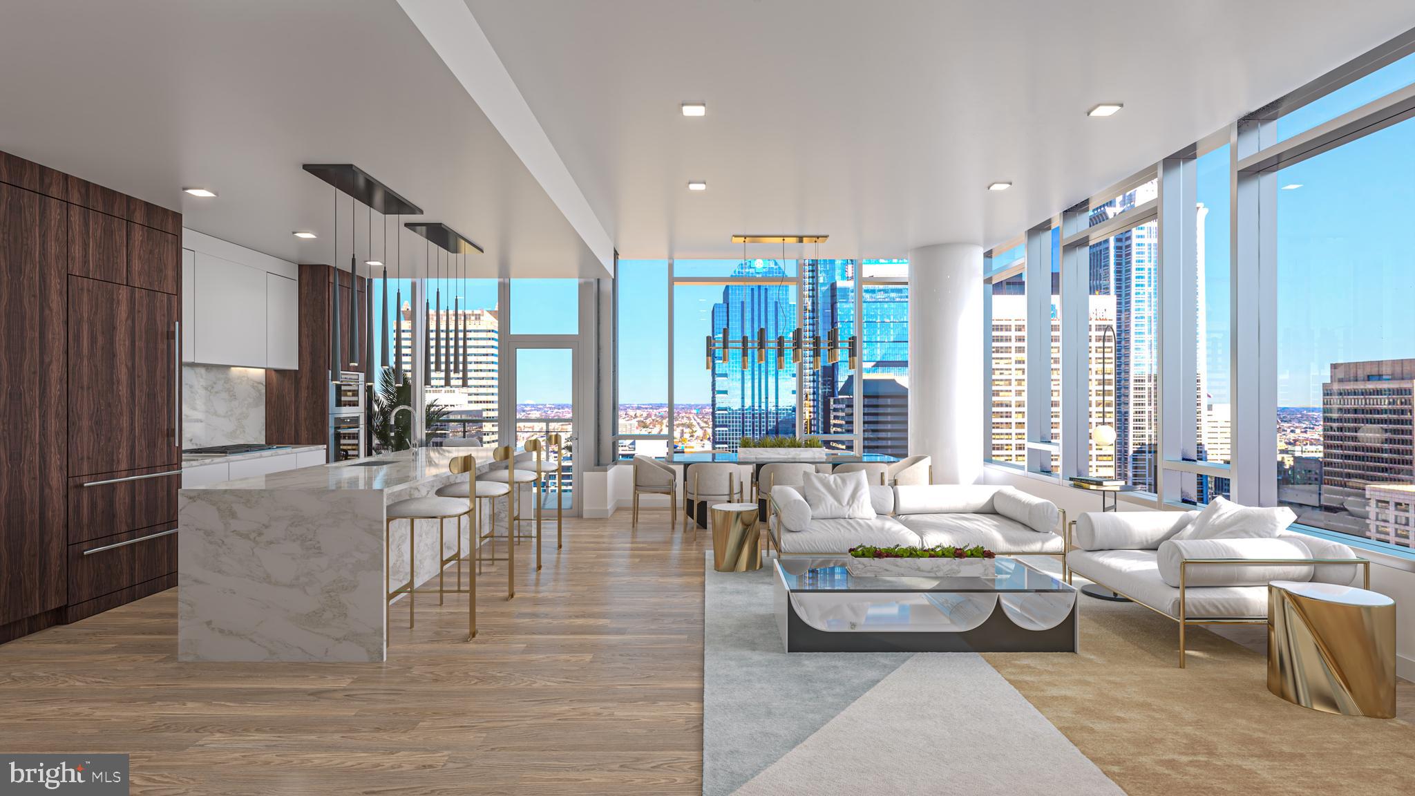 The Sky 4 (S4) located on the North East corner is a dramatic residence featuring expansive wraparound windows framing the panoramic city skyline views. This home features 10 foot ceilings, a split bedroom floor plan and 2 balconies. The gourmet kitchen is adorn with cabinets by Hans Krug and flows out to the first balcony and into the open living and dining areas. The appliance package includes a Sub-Zero integrated refrigerator, Wolf gas cooktop, state of the art steam oven and full size convection oven. The oversized kitchen island features White Statuary Quartz counters with waterfall edges, a large under mounted sink, Dornbracht faucet, Signature Seriese dishwasher and under-counter drawer microwave. The intimate owner’s suite with the second balcony offers views of Rittenhouse Square. The principle bathroom is complimented by an expansive shower with Fantini shower fixtures, Antico Scuro marble floors and surrounded by floor to ceiling porcelain walls. A comfortable size laundry room with full size Maytag washer and vented dryer make life easier. Hardwood throughout and prewiring for future blinds and smart home technology complete this magnificent residence.
***One parking space is included in listed price, second parking space is available for additional $100,000***