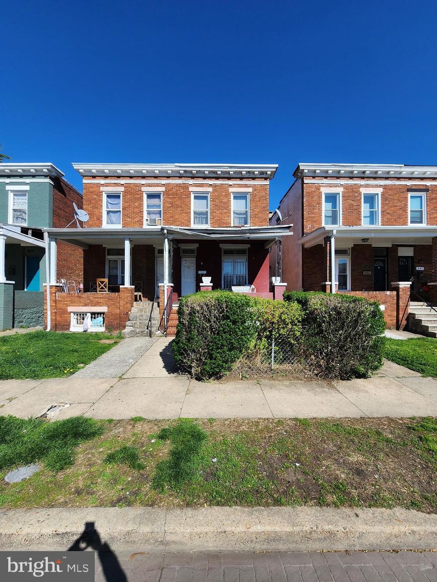 Opportunity awaits at 649 N Bentalou St - a spacious semi-detached brick townhome in Baltimore City’s Evergreen Lawn community! This 3 bedroom, 1.5 bath end-unit offers nearly 1,400 square feet above grade plus a partially finished walkout basement with additional living space potential. Features include a covered front porch, upgraded electrical panel, generous room sizes, and abundant natural light thanks to the semi-detached layout. Spacious primary bedroom offers excellent owner’s suite potential. Conveniently located near commuter routes, shopping, parks, and public transportation. Ideal opportunity for buyers looking to build equity or investors seeking strong upside potential. Cash or hard money financing only.