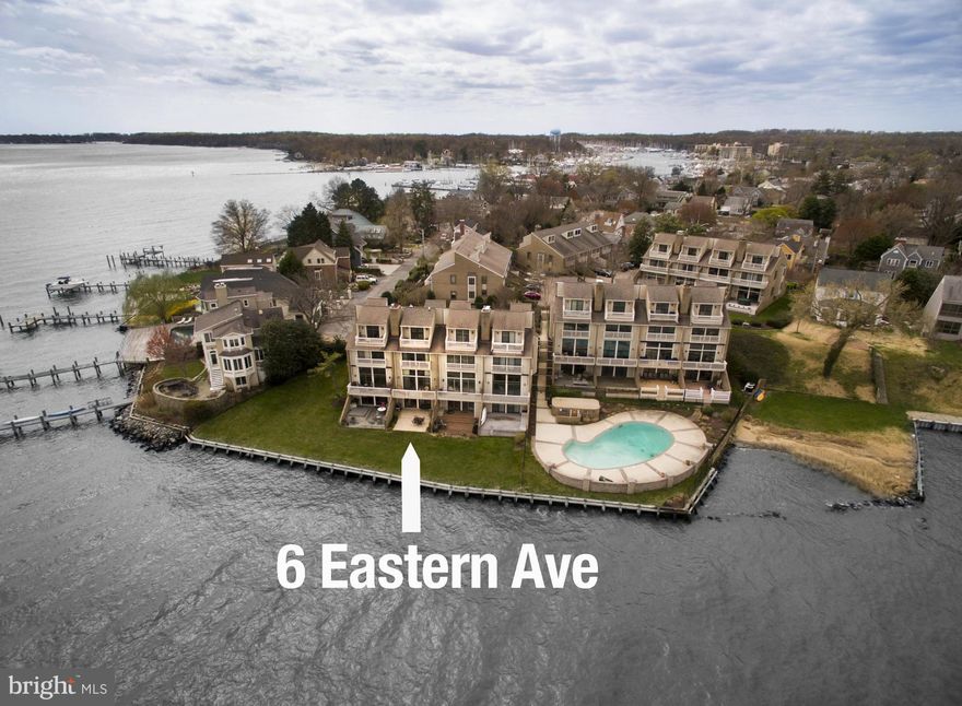 Prime location at the end of Eastern Ave. This 4 Bd, 4.5 Ba waterfront townhome features outstanding views of Severn River, Chesapeake Bay and US Naval Academy. Down to studs renovation  with 3 fireplaces, refinished hardwood floors, Pella windows & doors, bright open floor plan and custom built-ins. Waterside pool and new pier to be built pending final approval.
