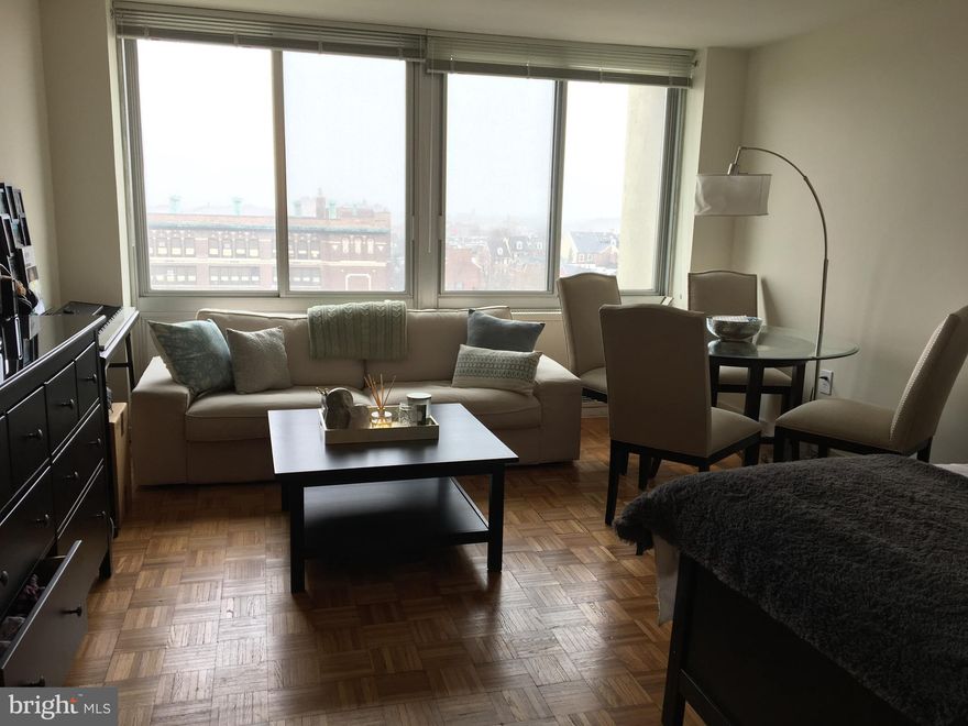 Light-filled studio with southern city views at Hopkinson House on Washington Square.  Enter through a foyer with large coat closet into the open great room boasting great natural light from oversized windows and ample space for various furniture layouts. Adjacent is the fully equipped kitchen with ample wood cabinetry and tile backsplash. There is a separate dressing area with excellent closet space that leads to the full bathroom featuring a tub shower and white tilework throughout. Additionally this home enjoys parquet wood floors and excellent storage space throughout. Residents of Hopkinson House enjoy a 24-hour doorman and on-site management. There is a seasonal rooftop pool with see-forever city views and valet parking in the building for an additional fee, subject to availability. Hopkinson House is in close proximity to many of the city's historic and cultural sites, some of the city's best shopping and dining and provides easy access to the Broad Street and Market Street office corridors, as well as 676, 95, Amtrak's 30th Street Station and the Philadelphia International Airport.