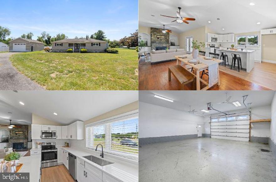 Stunning all one floor living on large level lot with MASSIVE 1,000sf detached shop/garage and beautiful outdoor living patio area! Amazing newly renovated kitchen with extremely well built high quality white shaker cabinetry with soft close dovetail drawer construction, solid white quartz tops, and tile backsplash (plus island!). Open layout w/ warm stone fireplace/hardwood syle flooring/recessed lighting/ and vaulted ceilings! Stunning master suite w/ spacious bedroom, double bowl vanity, and oversized tile shower PLUS jacuzzi style spacious corner tub! AMAZING PARTIALLY FINISHED LL ALSO OFFERS MANY EXCITING POSSIBILITIES!