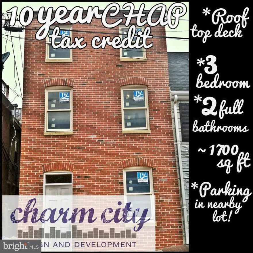 Renovated home by Charm City Des & Dev. 3 level  1700 sf on charming blk in Fells Pt. Central loc to FP, Canton, HE restaurants, shops, waterfront & parks. 10 yr Hist Tax Credit. Open fl plan w/ Lg eat-in kit w/ island, granite c-tops, SS appl, hw flrs & high end finishes. 3rd fl MS w/ attached bath & lg walk-in closet & storage. 2-tier roof-top dk w/ water views. Seller funds 1 yr lot parking.