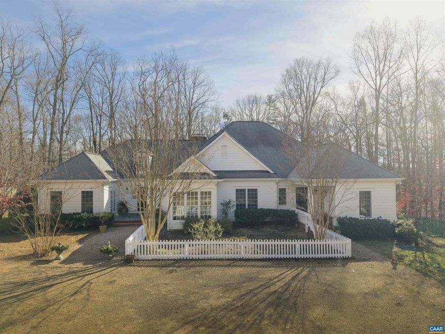 Enchanting custom home on 5 acres located in a beautiful part of Albemarle County-minutes to Keswick Hall. Exceptional details define this striking residence.  One level living featuring flexible space including a newly renovated kitchen, Great Room with vaulted ceilings/skylights and gas fireplace, dining area and keeping room. Added highlights include a built-in bar, large laundry & mudroom with radiant heated floors, generous screened porch with outdoor fireplace and a Generac whole house generator. Many additional improvements and system upgrades. A level backyard with a gorgeous fully renovated pool pavilion makes this home perfect for entertaining. Truly a unique offering in the heart of Keswick.,Exterior Fireplace,Fireplace in Family Room