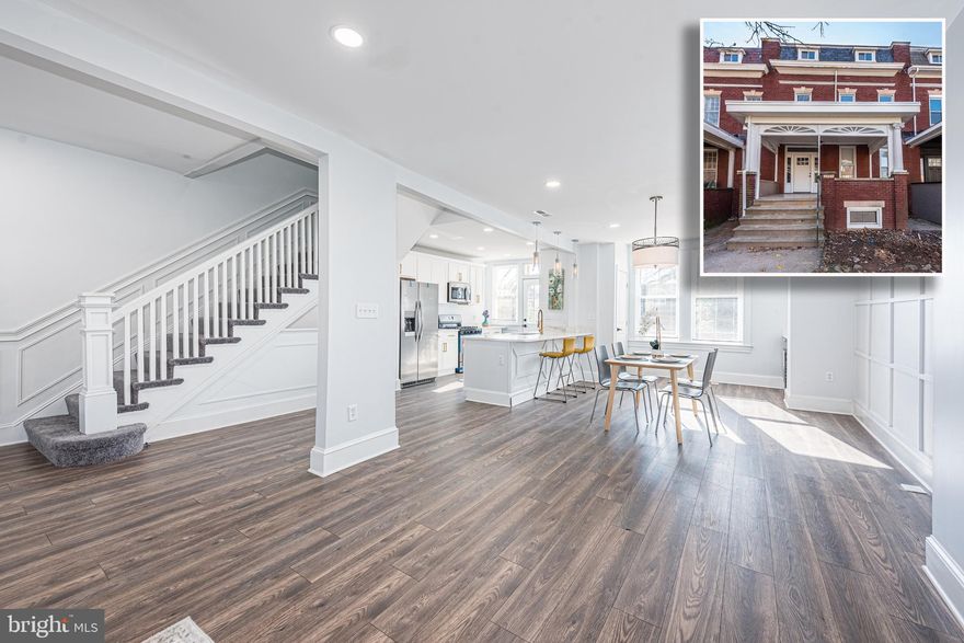 BEAUTIFULLY DESIGNED PORCH FRONT RENOVATION WITH 3 FINISHED LEVELS & A DETACHED GARAGE!  Open floor plan featuring wood flooring throughout the main level, spacious living room, separate dining area, gourmet island kitchen with Quartz counters & ss appliances, main level half bath, upper level Primary bedroom suite with a full bath and 2 additional bedrooms with a hall bath, a fully finished basement with an additional Primary bedroom suite with a spa bath featuring a stand alone soaking tub, and a spacious rear yard with a detached garage.