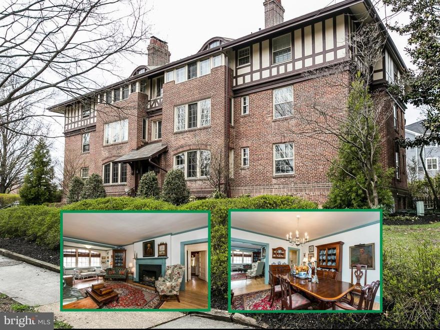 Large and sunny 3BR, 2BA 1st floor condo in a beautiful Tudor building. Foyer leads to large LR w/fireplace & adjacent airy sunroom with built ins.  Formal DR, eat-in Kitchen w access to quiet back porch. Hardwood floors, high ceilings, gracious spaces. Surrounded by beautiful gardens in a charming location. Extra storage in basement.  Very few steps. Ask LA about central AC estimate/credit.