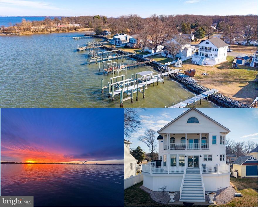 Sunsets steal the show at this open-waterfront, custom colonial, where thoughtful design meets effortless coastal living. Enjoy daily sunset views from your private pier, complete with THREE Boat lifts (2) -16K-lb (1) 8-lb capacity & Jet-ski lift. Sliding board AND Best of all? 5' MLW- a Boater's DREAM! Spacious waterside deck & private balcony off primary suite make entertaining & relaxing a breeze. Completely renovated in 2020, this home features a custom-designed interior with gleaming hardwood floors on both levels & an open, airy floor plan built to impress. Magazine-worthy coastal kitchen shines with white quartz countertops, Thermador stainless  steel appliances, and ample seating flowing seamlessly into the living spaces for gatherings big and small. Main-level bedroom & full bath add flexibility for guests or one-level living. Primary suite sanctuary boasts sitting room, gas fireplace, walk-in-closet w/ (2) built-in safes, and spa-like bath with sunken tub overlooking the water, double sinks, & walk-in-shower.  TWO-CAR detached garage offers abundant storage, plus over 1100 SF of unfinished level- ideal for water toys, hobbies, or future customization. Flood insurance only $700/year.  Whole-House Generator conveys. Every detail carefully considered, turn-key, impeccably updated & ready for her lucky new owners, this exceptional waterfront home delivers the lifestyle you've been waiting for.