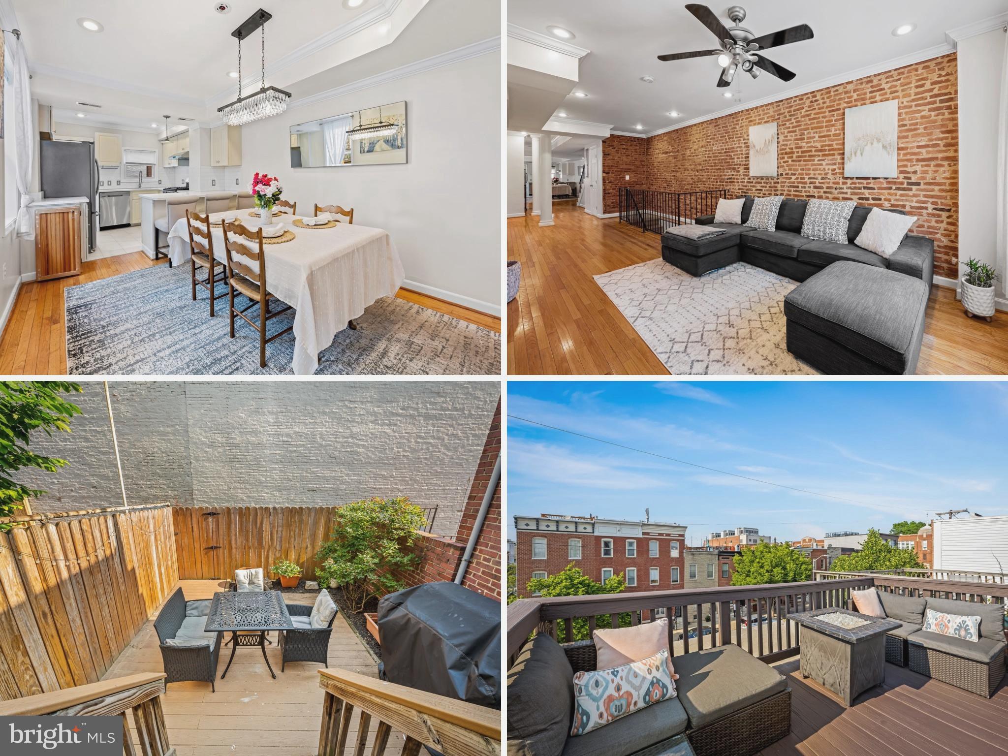 Welcome to 3303 Foster Ave—an oversized renovation in the heart of Canton! This stylish 3,000+ sqft home features two full and two half baths, exposed brick, tasteful hardwood floors, and a showstopper new gourmet kitchen with premium cabinetry, stainless steel appliances, quartz countertops, and a breakfast bar. The main level offers an open-concept layout, perfect for entertaining or everyday living. The recently remodeled basement, with new flooring, provides flexible space and has been used as a third bedroom. Upstairs, you'll find generous room sizes with great closets, a spacious primary suite, and plenty of storage throughout. Enjoy interior access to the freshly stained rooftop deck with panoramic water and skyline views, or unwind in the fully fenced backyard. With easy access to all major highways and bike paths in every direction, plus walkability to Canton Square, the waterfront, and endless dining and nightlife, this home checks every box! A little virtual staging.