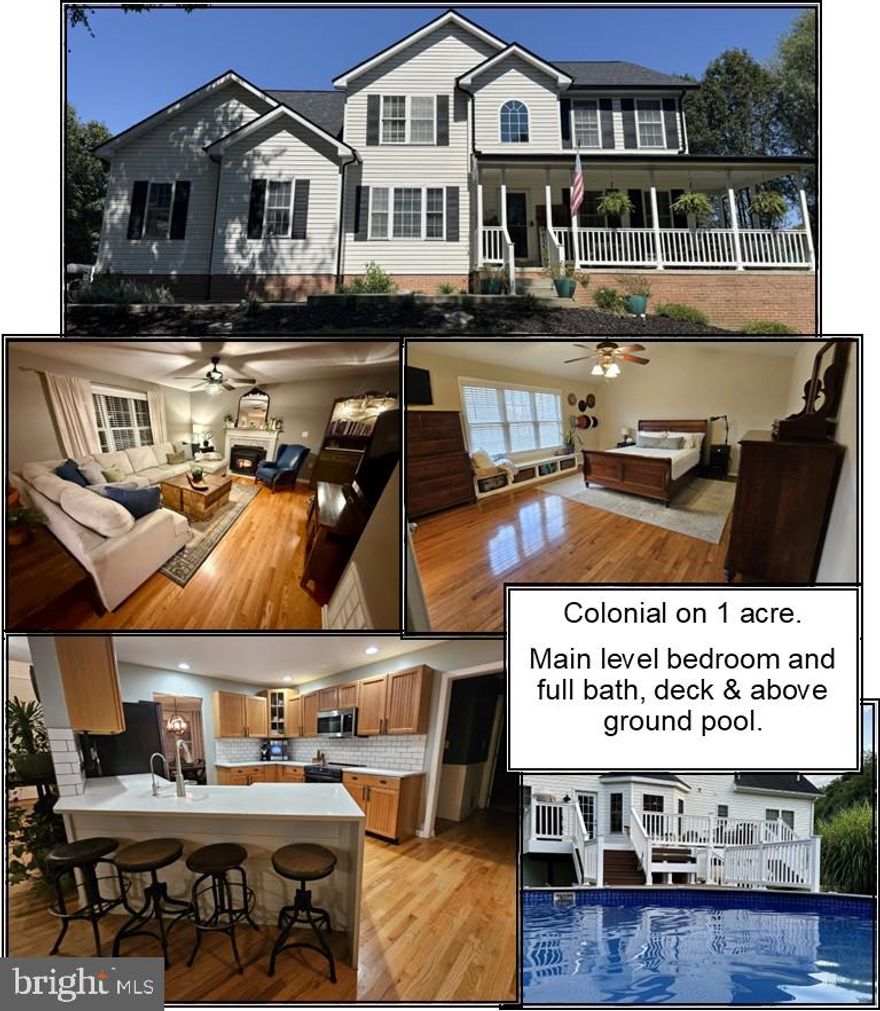 This is a must see Colonial located in Rocky Marsh Estates at the end of a cul de sac on a beautiful 1 acre lot that backs to trees. Portion of the rear lot is fenced. 2 tier trex decking leads to above ground pool. Hardwood flooring throughout most of the home. Main level bedroom with a full jack & Jill bathroom. Kitchen features Quartz countertops, farmhouse sink in the penisula with Quartz waterfall edge. Room for basr stools. Eat in breakfast nook with baywindow overlooking the deck. Family room with pellet stove insert. Formal dining room, formal living room. Upper level features nice size primary bedroom with builtin window seat, large primary bathroom, double bowl sinks, soaking tub, seperate shower and walking closet with ceramic tile flooring. All bedrooms except mainlevel have hardwood flooring. Full bath and laundry on upper level. Bedroom 4 has no closet, will make the perfect office.
The unfinsihed basement has room for storage, rough in for a 4th bathroom, walkout level door and full size window. Roof  is a year old. 2 zone heat pumps. Storage shed and tons of parking.