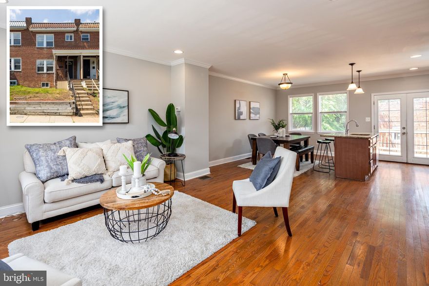 OFFER DEADLINE MONDAY 6/13 AT 12PM  --  RENOVATED PORCH FRONT HOME W/ DETACHED GARAGE IN DUNDALK HIGHLANDS - this spacious home features an open floor plan with hardwood floors throughout the main level, large living room, separate dining room, eat-in island kitchen with ss appliances and granite countertops leading to fenced rear yard with detached garage. Upper level offers 3 bedrooms, hallway full bathroom and fully finished walk out lower level with full bathroom and laundry room. This home was just repainted and new carpet installed throughout and a comprehensive renovation including new electric, hvac, plumbing, roof, windows, floors, bathrooms, kitchen, basement waterproofing and so much more!