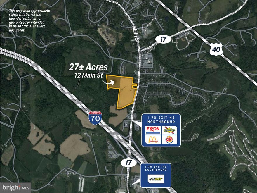 PRIME COMMERCIAL OPPORTUNITY IN MYERSVILLE, MD! Secure this high-visibility commercial land in the thriving corridor of Myersville, MD! Zoning permits commercial, high density residential and much more! Strategically positioned just 0.5 miles from I-70 with approximately 550 feet of road frontage and 27.13± acres on Main Street, this property offers unparalleled exposure to heavy daily traffic. Situated right off Exit 42, this is the only eastbound rest stop exit between Frederick and Hagerstown, ensuring a steady stream of travelers, commuters, and local traffic. Surrounded by national brands like McDonald's, Exxon, Sunoco, Burger King, and Subway, this location is primed for high traffic and consistent business flow. Zoned Village Center District, this property offers endless development possibilities. 5 ERU's included! Don’t miss this rare opportunity to own a high-exposure commercial property. This property will be offered at sealed bid auction on Friday, April 25, 2025 with bids being due @ 4:00PM. Sealed bid form and the property information packet will be available upon request.