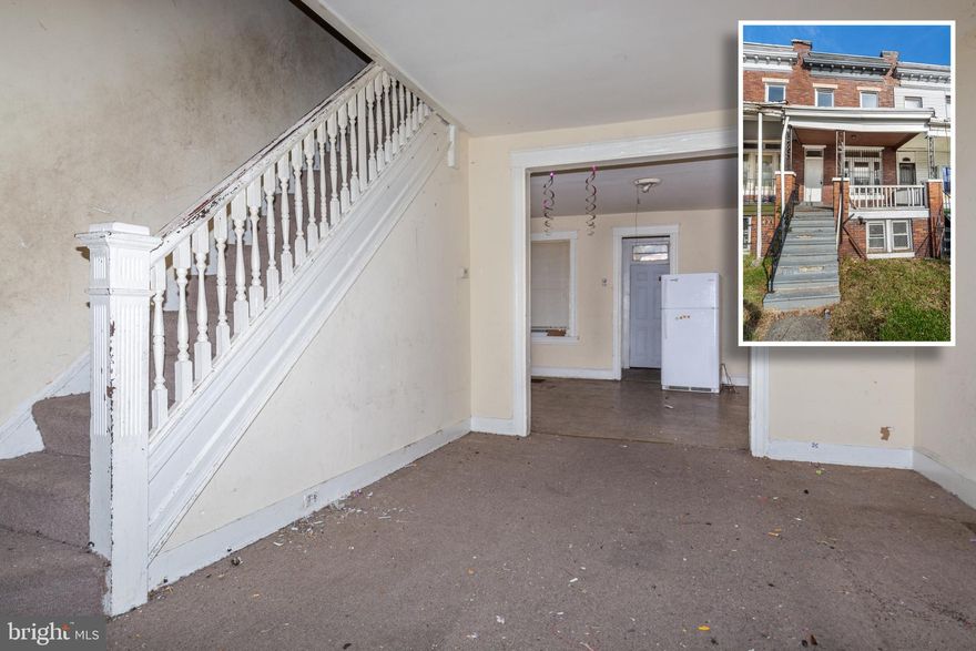 INCREDIBLE INVESTMENT OPPORTUNITY!  Spacious porch front rowhome with large room sizes.  Perfect opportunity to fix up and add to a rental portfolio or renovate and resell!  Main level with a large living room, separate dining room, and a large kitchen.  Upper level with 3 bedrooms and 1 full bath and a large unfinished basement.  Sold As-Is!  Seller will make no repairs!