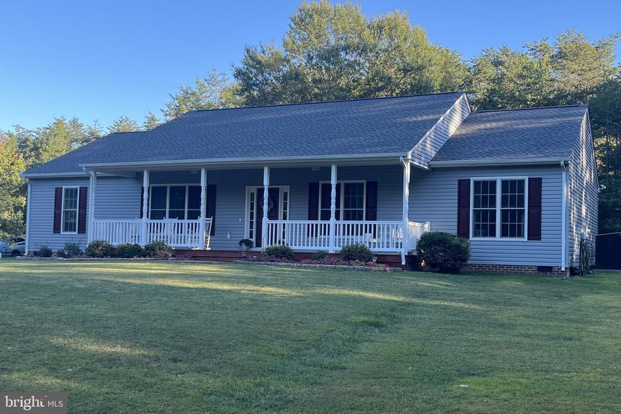 Professional photos to follow soon!! Come see this amazing spacious, modern styled, ranch home. It sits on a secluded oasis of 5, mostly cleared acres near the end of a private road in the community of Virginia Pines. This is a custom-built beautiful home in a fabulous private community in a highly sought after school district. The welcoming long driveway leading to a private, spacious mostly cleared property, provides quiet relaxation and tranquility. The community private access road is well-maintained by the HOA for only $120 a year. Bring your RV’s, boats, and other recreational fun as there is plenty of room for them at this home! The welcoming, spacious front porch means hours of quiet, peaceful relaxation time. The large and spacious family room boasts a high ceiling, beautiful LVP Lifeproof* floors, and a cozy masonry fireplace to relax and gather around on chilly nights. The spacious kitchen has stainless steel appliances (2021), a large island and plenty of room to entertain family and friends. The dining room is the perfect space for family gatherings. The functional office/third bedroom has built-in bookshelves and impressive high-speed internet to accommodate remote work. There are updated fixtures in the bathrooms, and all carpets have been professionally cleaned. The two guest bedrooms are large and updated with new carpeting and walk-in closets! Outside back you will find a large private patio to host family gatherings and BBQs with plenty of room for family activities and guests on the spacious lawn. There are 3 outbuildings that convey with this beautiful property. The first shed (12 x 24) has two stories and has electric wiring and a dedicated circuit for future hookup to become an amazing workshop! The second shed (8 x 12) has a new roof and front door for all your storage needs. There is a third 8 X 8 chicken coop and a 40 x 60 fenced area (animals and farm equipment do not convey with sale and will be moved with current owners). A new garage door opener has been installed. This home also boasts a new roof and new hot water heater! The Trane* HVAC is 2019 and is under a transferable warranty. The septic tank has just been serviced and has no issues. The well pump was replaced in 2022. If you want to expand your family fun, Able Lake is only minutes away. Work commuters to Quantico have only a 25 min commute, and I-95 only 15 min away. Don’t miss an opportunity to see this rare private, and well-kept beautiful property!