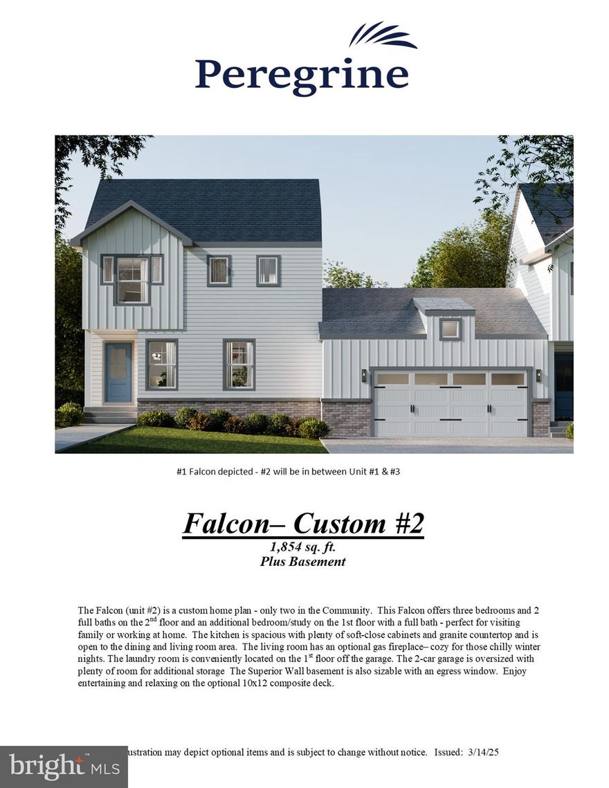 QUICK DELIVERY with incentive of $10,000 toward Buyer's closing costs if close on/before 12/31/25.  

This CUSTOM Falcon is only 1 of 2 in the community.  It almost appears to be a detached home.  It offers three bedrooms on the 2nd floor and one on the 1st floor that could be used as a study along with 3 full baths.   The kitchen is spacious with soft-close cabinets, granite countertop, plus a pantry.  The kitchen also has upgraded drawer base and pull-out trash cabinets and subway tile backsplash, as well as, GE stainless gas range, microwave and dishwasher.  The laundry room is conveniently located on the 1st floor off the over-sized 2-car garage.   Also enjoy entertaining on the 10x16 composite deck off the dining room which is open to the sizable living room.   The living room has a cozy gas fireplace perfect for those chilly winter nights.  The upstairs has 3 bedrooms.  The Owner's bedroom has a very large walk in closet and its own private bath with tile flooring, 5' shower, 5' double bowl vanity and comfort height toilet.   Flooring features desirable Luxury vinyl plank in the foyer, hall, kitchen, dining room and living room.  There are also closet shelving upgrades throughout the home.  All homes in Peregrine feature Superior Wall basements which allow for tons of extra space to finish!   Construction is near completion - QUICK DELIVERY by end of Dec '25 

Peregrine is a townhome community located in the peaceful countryside of West Hempfield Township and conveniently located within minutes to  Rte 30, Rte 283 and major shopping.  Homes are built by Millfield Construction Company - "BEST OF" Award winning Builder!
