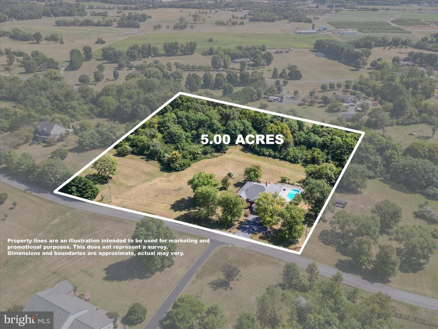 Welcome home to this beautiful 4-bedroom, 3-full-bath ranch-style retreat set on 5 private acres in Frederick County. Offering Comcast/Xfinity service, breathtaking mountain views, and a newer roof (installed around 2020–2021) and new HVAC in 2025 ... this property combines peace, privacy, and convenience.

Enjoy resort-style living with your own heated in-ground pool and spa, perfectly situated to take in the scenic surroundings.

From the moment you arrive, you’ll appreciate the home’s great curb appeal and inviting front porch. Step inside to a bright, welcoming foyer that opens to a sunken living room with access to the large rear deck—ideal for entertaining or simply relaxing in the tranquil setting.

The spacious family room features a vaulted ceiling, a brick hearth with a wood-burning stove, and custom built-ins. It opens to a 12x20 screened porch and a maintenance-free deck that overlooks the mountains. The kitchen offers a large island, newer appliances (including a brand-new dishwasher), a breakfast area, and a separate dining room.

The primary suite includes two walk-in closets, direct deck access, and a generous bath with a walk-in shower. Two additional bedrooms share a full hall bath, creating a convenient layout for family or guests.

The partially finished walk-out basement expands your living space with new carpet, a bedroom, full bath, cozy family room with a freestanding wood stove, three additional propane heaters for supplemental warmth, a bonus/office/craft room, and a large storage area with a workbench—all opening directly to the pool and spa area.

Additional highlights include hardwood flooring, freshly painted interiors (including ceilings), a laundry room with built-in shelving, and an oversized garage with pull-down attic storage. The pool area features a sport liner (approximately 10 years old) with 6-foot depth in the center and 3-foot on each end, plus a spa with a brand-new cover.

Experience peaceful country living with modern comforts, panoramic mountain views, and your own private oasis—just minutes from I-81, Winchester Medical Center, shopping, and downtown Winchester.