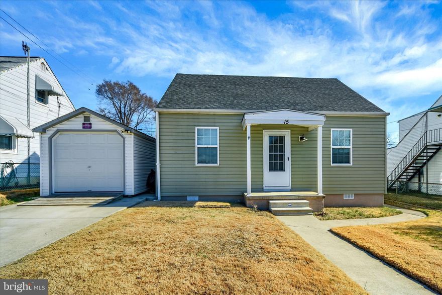 Welcome to 15 Terrace Road, a well-maintained 3-bedroom, 1-bath cape cod offering a smart layout, quality updates, and standout features at an approachable price point.

The main living area is bright and open with durable flooring throughout, flowing naturally into a nicely appointed kitchen complete with granite countertops, gas cooking, stainless steel appliances, built-in microwave, dishwasher, and refrigerator — all included. The seamless connection to the dining area makes everyday living and entertaining a breeze.

Two bedrooms on the main level offer comfortable accommodations with carpet and window treatments, serviced by an updated full bath with modern vanity and ceramic tile tub/shower combo. A hallway closet provides convenient additional storage. Upstairs, the third bedroom is a flexible bonus space — ideal as a home office, guest room, or hobby room — featuring recessed lighting and a clean, updated finish.

Main-level laundry with stackable washer and dryer conveys with the home, adding everyday convenience.

Outside, enjoy a fully fenced backyard with patio and porch — great for pets, entertaining, or simply unwinding. The detached garage offers front and rear access for extra parking and storage, plus a concrete driveway and available street parking.

Commuters will appreciate easy access to I-695 and Eastern Boulevard, with a quick shot to downtown Baltimore, BWI, and all the shopping and dining you need nearby.
