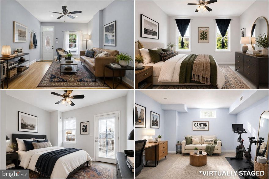 If you’re looking for the kind of Baltimore rowhome that blends city character, outdoor space, private parking, and a location just blocks from Patterson Park, 122 N Ellwood Ave is the one. EVEN BETTER, this home may qualify for multiple BALTIMORE CITY GRANT & INCENTIVE PROGRAMS that can help eligible buyers with DOWN PAYMENT & CLOSING COSTS, creating an incredible opportunity for first-time buyers looking to break into one of Baltimore’s most vibrant and connected neighborhoods.  Located on one of Highlandtown’s signature light-lined streets, this home offers a warm and inviting feel with hardwood floors, recessed lighting, exposed brick, and an open staircase that keeps the space feeling bright and connected. The spacious living room flows into a convenient main-level half bath and an updated kitchen with stainless steel appliances, generous cabinet storage, space for a dining table, and direct access to the private rear parking pad, one of the most valuable conveniences in city living.  The second level offers two spacious bedrooms, a full bath with a skylight that fills the space with natural light, and direct access from the rear bedroom to the second-level deck, perfect for morning coffee or unwinding after a long day.  The finished lower level adds additional flexible living space ideal for a media room, home office, gym, guest setup, creative space, or future rental potential, plus storage, laundry, and exterior access to the rear patio.  Just minutes from Patterson Park, Johns Hopkins, Canton, and Fells Point, Highlandtown is known for its walkability, local restaurants and coffee shops, neighborhood events, colorful murals, and the kind of authentic city energy that makes people want to call Baltimore home.
Virtually staged to illustrate the potential use and layout of the space.