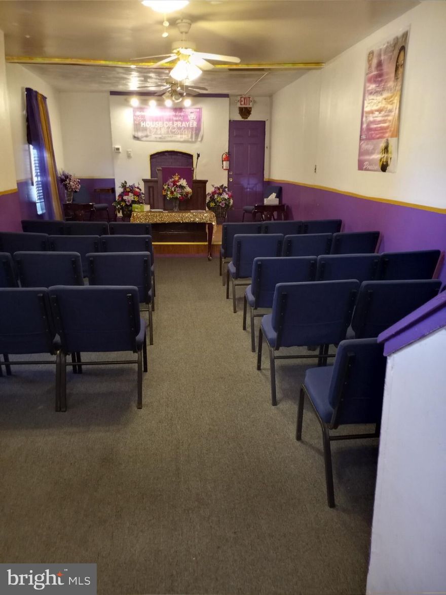 Lovely well-maintained  church close to public transportation.; exterior handicap accessible ramp; half bath on main floor; existing upholstered pew chairs remains with building ; kitchen and dining area on second floor; half bath on first and second  floor; fenced lot on side with parking for 1-2 cars.