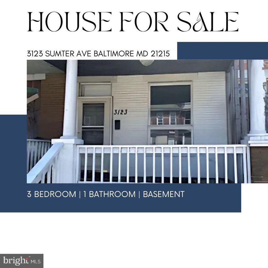 ATTENTION HOME BUYERS WITH A VISION & INVESTORS!  Call your CONTRACTOR!! REHAB the property and MAKE IT YOUR OWN! Great neighborhood! Quiet Street! 3 level Porch Front Townhouse located in Central Park Heights with 3 BEDS & 1 BATH!  Enjoy Bright & Sunny SPACIOUS rooms once you finish remodeling the home. You’ve got a head start with NEW Laminate FLOORS, Remodeled BATHROOM, NEW FURNACE & NEW HOT WATER Heater. Nice size Backyard. BASEMENT with Inside & potential Outside Access. AS IS. Ask us about rehab values. Seller will confirm ground rent. Near I-83 with EASY ACCESS to I-70, I-95, I-695 & Baltimore/Washington Pkwy. MINUTES to Druid Hill Park, the Maryland Zoo, Cylburn Arboretum, Cold Spring Park, Jones Falls Trail, Pimlico Race Course, Restaurants, Shopping, DOWNTOWN Baltimore & great EMPLOYMENT!  Close to Sinai Hospital (1.5 mi), John Hopkins Hospital (7 mi), University of Maryland Medical Center (7 mi), and Medstar Harbor Hospital (8 mi), Easy Commute to Baltimore City Community College (BCCC), COPPIN State University, MORGAN State University, LOYOLA College & JOHN'S HOPKINS University.  Want to see the home in person? SCHEDULE a Showing TODAY!!  

**INVESTORS**: Great ROI! This house offers a phenomenal Investment Property Opportunity for Fix & Flip and Passive Rental Income (BRRR).** The After Repair Value (ARV) for similar REHABBED SOLD homes in the area in 2024 is up to $280,000, (ie: 2921 Oakley Ave - $280,000 on 11/19/24; 4437 Pall Mall Rd - $265,000 on 11/22/24) & so far in 2025 is up to $240,000 (ie: 4439 Pall Mall Rd - $249,999 on 01/31/25; 3817 Beehler Ave - $240,000 on 01/31/25; 2805 Waldorf Ave  - $218,000 on 01/17/25; 3414 Virginia Ave - $207,500 on 01/10/25; 2821 Ridgewood Ave - $204,900 on 01/28/25; 2803 Waldorf Ave - $198,500 on 01/28/25; 2527 W Cold Spring Ln - $195,000 on 04/11/25).  *** Recent RENTAL COMPS for REHABBED properties are up to $2,300 a month (ie: 3522 W Garrison Ave - $2,300 on 04/07/25; 3904 Reisterstown Rd - $2,250 on 04/03/25; 2603 Shirley Ave - 1,900 on 03/01/25; 4921 Edgemere Ave - $1,850 on 11/08/24; 2506 W Cold Spring Ln - $1,800 on 02/03/25).