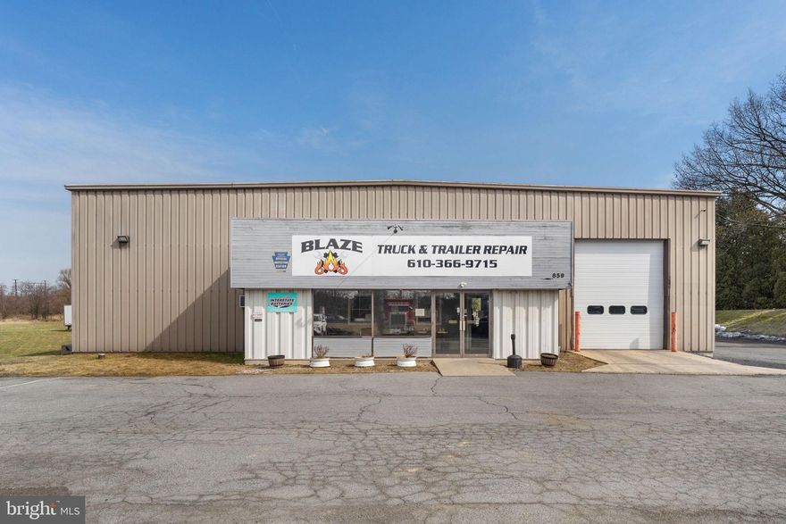 Great opportunity to purchase Real Estate, Inventory and Business together or Separately. This Garage/shop is located in a Prime location on over 2 acres,  visible from Route 222. The property is the heart of the Lehigh Valley Industrial corridor, being minutes from Route 100, Hamilton Bypass, Route 78 and Route 22. The building has been used as a Fully operational Truck/trailer repair business for nearly 30 yrs. True turn key business opportunity with 8320 sq ft free standing garage with office space, storage and fully functioning garage. Schedule your appointment today.