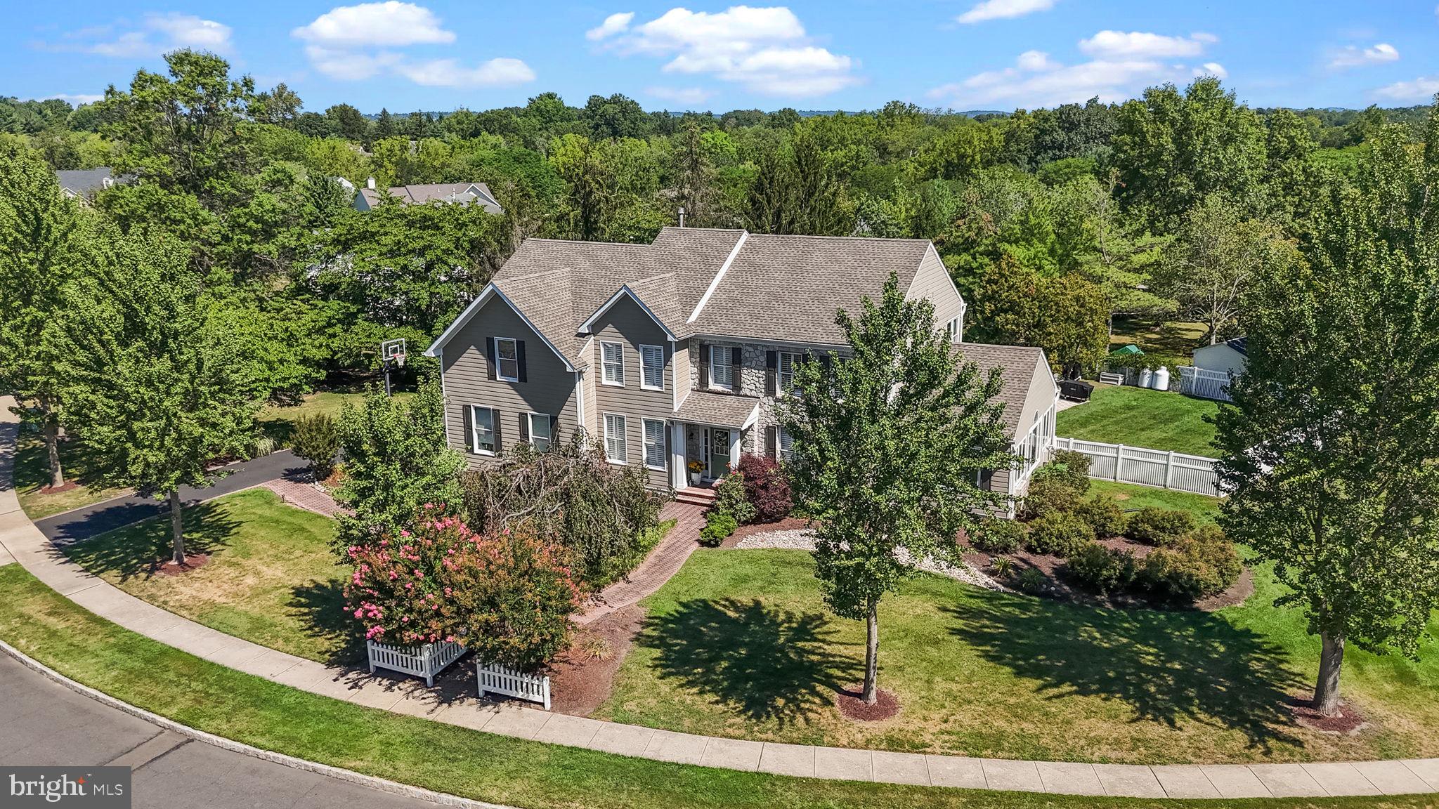 Welcome to Kimbles Field at Farmview! This luxurious Colonial features 4/5 bedrooms; vaulted conservatory, 2 story family room with rear staircase, newer siding, a large fenced yard and a beautiful inground pool! Enter from the paved walkway through a flowered tunnel gate to a covered entry into the bright and inviting 2 story foyer highlighted by a turned staircase; a handsome well appointed office is just off of the foyer; to the right are the formal living room and dining rooms as well as a huge Conservatory with cathedral ceiling; the center of the home is the gourmet kitchen featuring granite countertops, a center island and high end stainless steel appliances; off of the breakfast room is the huge deck overlooking the gorgeous inground pool and beautiful fenced yard; the breathtaking family room features a vaulted ceiling with skylights as well as a floor-to-ceiling stone gas fireplace and a convenient back staircase; a powder room and large laundry room/mudroom complete the first level; the second level features an opulent main suite with walk in closet, a sitting/dressing room, and a stunning, remodeled bath; three other large bedrooms and a hall bath complete this level; the home also features a finished basement with yet another full bath opening up the possibilities for an extra bedroom suite in addition to additional rooms for entertaining; the basement also has an exterior walk up exit; other features include: plantation shutters, roof is only 4 years old, recessed lighting, 2 car side entry garage, newer siding and much more....all of this and only a few minutes to major arteries like I-295, PA Turpike and Route 1 as well as train service to NYC, and Phila; convenient to Princeton as well
