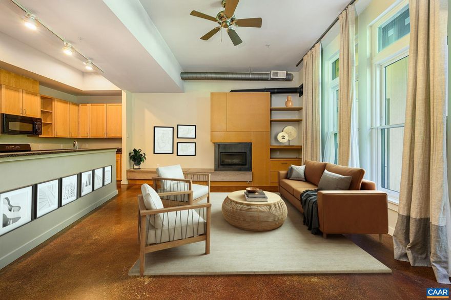 Rare opportunity to rent one of the coolest condos in the city, in a quiet setting but just a block to "downtown" Belmont and minutes to the Mall. This airy south-facing Belmont Lofts one bedroom features high ceilings, a surprisingly large kitchen,  custom gas fireplace, huge walk-in closet with built-ins, built in desk and a private on-grade patio with awning. All of this in a stylish modern industrial package! Other perks: one assigned space in the secure parking lot under the building (take an elevator up from there), a storage closet in the garage & another by the patio for your overflow, community garden and gathering space, a quiet lawn and the nicest neighbors! Leave your car home and stroll up Douglas to enjoy Mas, Tavola, Belle and more on Hinton or over to the Mall, City Market, or Ix to partake in Cville's cultural & dining scene. See Photos and Floorplan. Home is for rent UNFURNISHED.