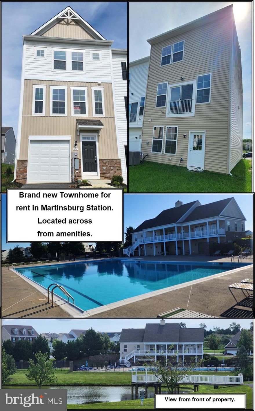 For rent, brand new 3 level Townhome in Martinsburg Station. This property is located accross from the amentities which include inground pool, club house, playground and more. This 3 bedroom, 3 1/2 bath home has lots of upgrades. It features bumpouts on all 3 levels which gives you 2 finished rooms on the lowest level, sunroom off the kitchen and oversized Primary bedroom. Rent is $2000 per month, security deposit $2000, application fee is $55 per adult.  Pet accepted on case by case basis with an additional $50 per month pet rent. . Applications are completed on longandfoster website. Minimum 12 month lease. Tenant pays all utilities. Landlord pays HOA fee. Tenant must have renter's insurance.