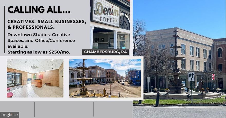 Offering professional space on the square for rent. Private parking, downtown atmosphere, and flexible floor plans. Variety of spaces available. From single offices to entire floor plans. Inquire for more information.