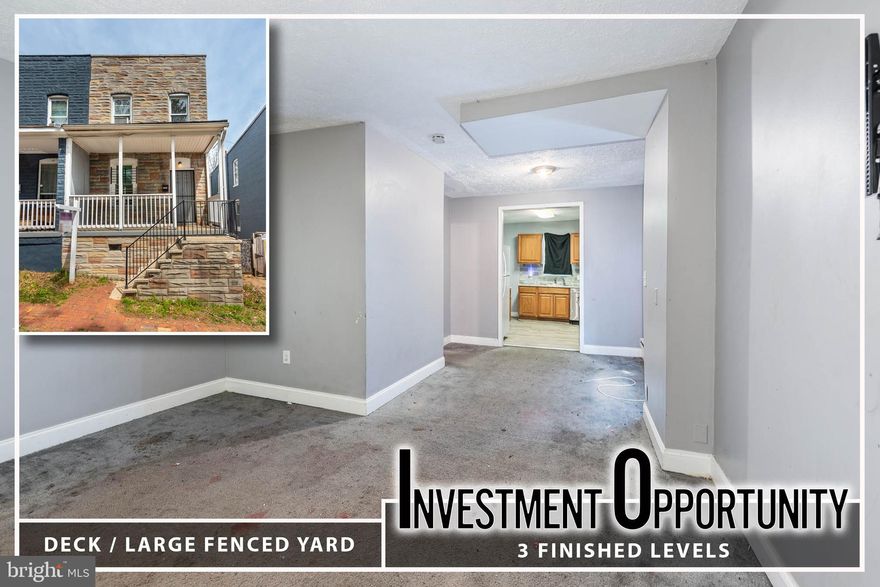 INCREDIBLE INVESTMENT OPPORTUNITY!  Large semi-detached rowhome with 3 finished levels!  Property needs some cosmetic updates but has good bones.  Main level with a spacious living room, dining area, kitchen, and a half bath, upper level with 3 bedrooms and 1 full bath, a finished walk-out lower level with a family room, 4th bedroom, and 2nd full bath, and a rear deck overlooking the rear yard.  Sold As-Is!