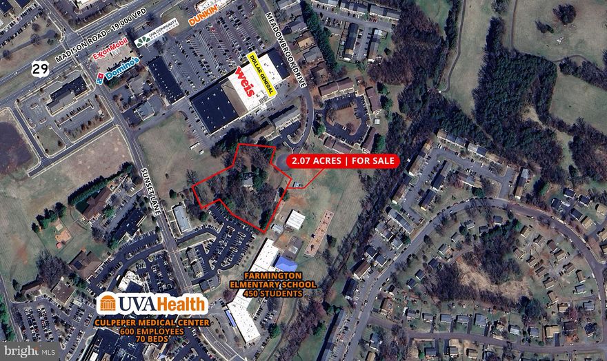 400 Meadowbrook Drive represents an opportunity to acquire 2.07 acres, in the Town of Culpeper, directly adjacent to the UVA Health Culpeper Medical Center. The land is zoned R2 offering various development scenarios including multifamily, medical or professional office or a childcare facility. Due to its proximity to the UVA Health Center the long-term land use plan also supports Public Institutional uses.