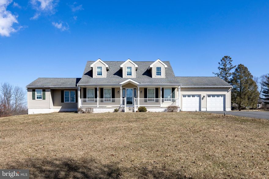 Well Maintained 4 Bedroom, 2.5 Bath Cape Cod situated on 2 Acres in East Vincent Township. From the covered front porch, offering stunning views of the rolling hills, step inside this charming home. The foyer welcomes you with a formal living room to the left and a formal dining room to the right, which leads to the eat-in kitchen. The kitchen boasts granite countertops, tile flooring, and stainless-steel appliances. Adjacent to the kitchen, you'll find the laundry room with a utility sink, a convenient powder room, and access to the 2-car garage.  The family room features a sliding door that opens to an oversized deck, overlooking the expansive, level backyard. Completing the first floor is the primary bedroom with an en suite bathroom, which includes a double-bowl vanity, a separate shower stall, and a shower/tub combination.  Upstairs, there are three additional bedrooms, one of which features a cedar closet, along with an updated hall bath that includes a double-bowl vanity and a shower/tub combination. The walk-out basement is ready to be finished to suit your needs.  Additional highlights include a shed with a new roof, water and electricity, a new HVAC system installed in 2020, a new hot water heater in 2019, and a new roof in 2015. A one-year home warranty is also included. Conveniently located near Routes 724, 23, and 422.