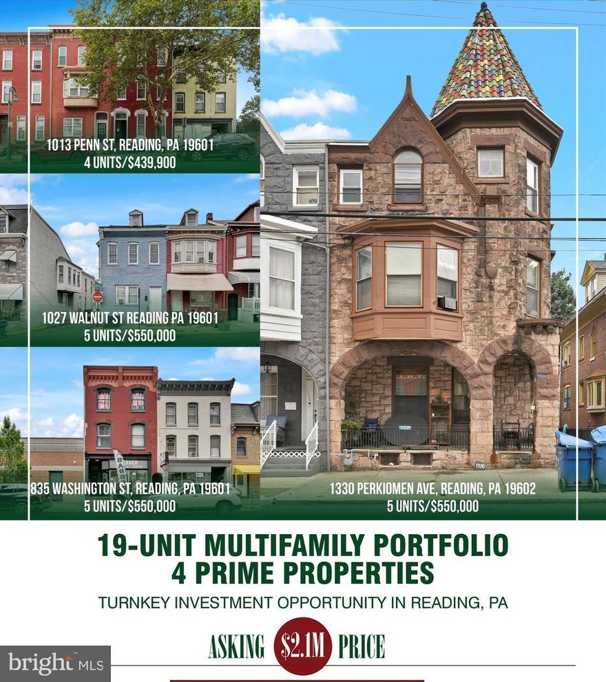 15-Unit Investment Portfolio – Reading, PA Presenting a rare opportunity to acquire a 15-unit multifamily package across 4 properties in Reading, PA. This portfolio offers a diverse mix of residential and commercial income-producing assets, all located within close proximity for ease of management. Property Breakdown: 1330 Perkiomen Ave, Reading, PA 19602 – 5 Residential Units / 1027 Walnut St, Reading, PA 19601 – 5 Residential Units / 835 Washington St, Reading, PA 19601 – 5 Units (1 Commercial Storefront + 4 Residential Units) / Utilities & Expenses: Tenants pay their own electricity and electric heat. Owner is responsible for water, sewer, trash, and common area electric This portfolio provides a solid foundation for both new and seasoned investors, offering steady cash flow, strong rental demand, and upside potential in a growing market. Additional rental details and financials are available upon request. Please contact us today to schedule a walkthrough and learn more about this opportunity.