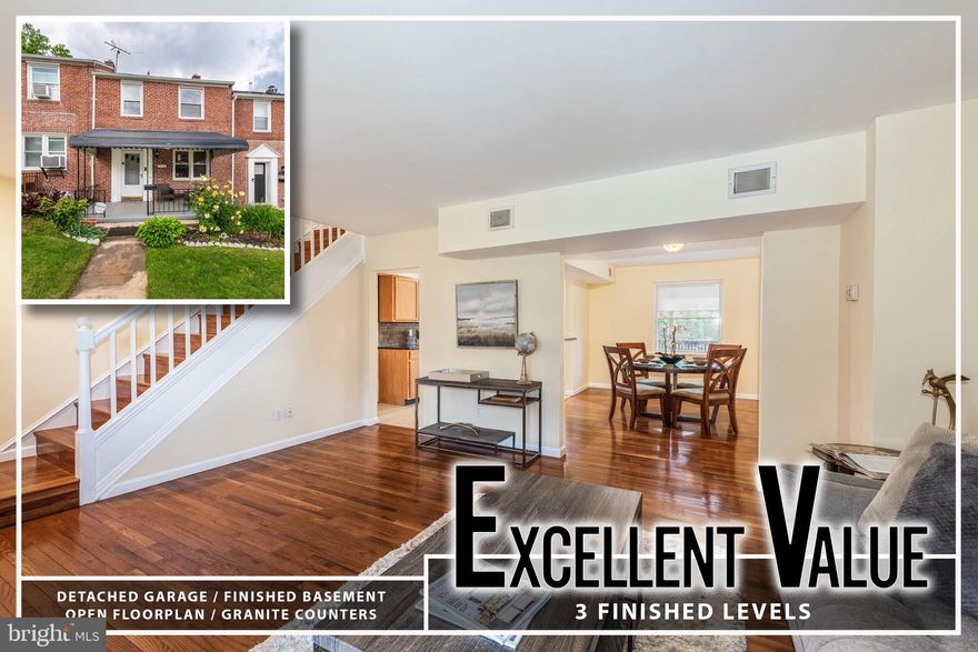 Dreaming of a beautiful porch-front home in a quiet, peaceful, green, safe, well-kept, welcoming neighborhood?  This is it!  Discover the perfect blend of classic charm, modern updates, and exceptional value in this spacious, bright, fully air-conditioned beauty.  The updated chef’s kitchen is a standout feature, complete with sleek stainless-steel appliances, rich granite countertops and ample cabinetry, making cooking and entertaining delightfully easy.  A gorgeous breakfast bar extends the kitchen into the dining room and is ideal for casual, everyday meals and social gatherings alike.  In one step, you’re on a covered rear deck – ideal for outdoor meals and morning cups of coffee – overlooking the backyard and a playground/park.  The dining room’s gleaming hardwood floors flow effortlessly into the inviting, sun-drenched living room and upstairs into three generously-sized bedrooms.  Downstairs, a luxuriously-carpeted finished basement offers ideal extended living space as a cozy den, game-room, or guest suite. This level has a separate, fully enclosed area with a convenient quarter-bathroom, laundry, storage, mudroom, and ground-level walkout to covered patio and fenced backyard!  An exterior garage built into the landscape holds limitless potential, once updated, for parking (bikes, small car), storage, art studio, or even an endless pool!  Enjoy nearby Morgan State, Johns Hopkins and Towson University campuses, Lake Montebello and YMCA leisure areas, and the thriving Northwood Shopping Center!  This home is the perfect trifecta: thoughtful updates, character-rich, and affordable. Seize this opportunity for your very own beautiful home in Ednor Gardens proper, one of Baltimore’s most vibrant, stable, and cherished neighborhoods!