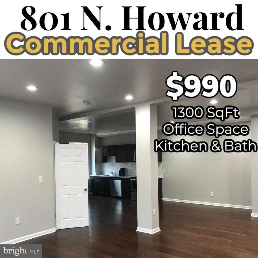 OFFICE SPACE IN SECURE BUILDING - excellent HIGH TRAFFIC location. Beautifully re-done office rests inside a large commercial building with retail downstairs. Enjoy hardwood flooring,  beautiful kitchen, private office, expansive main area and full bathroom. $40 app fee $60 processing fee.
