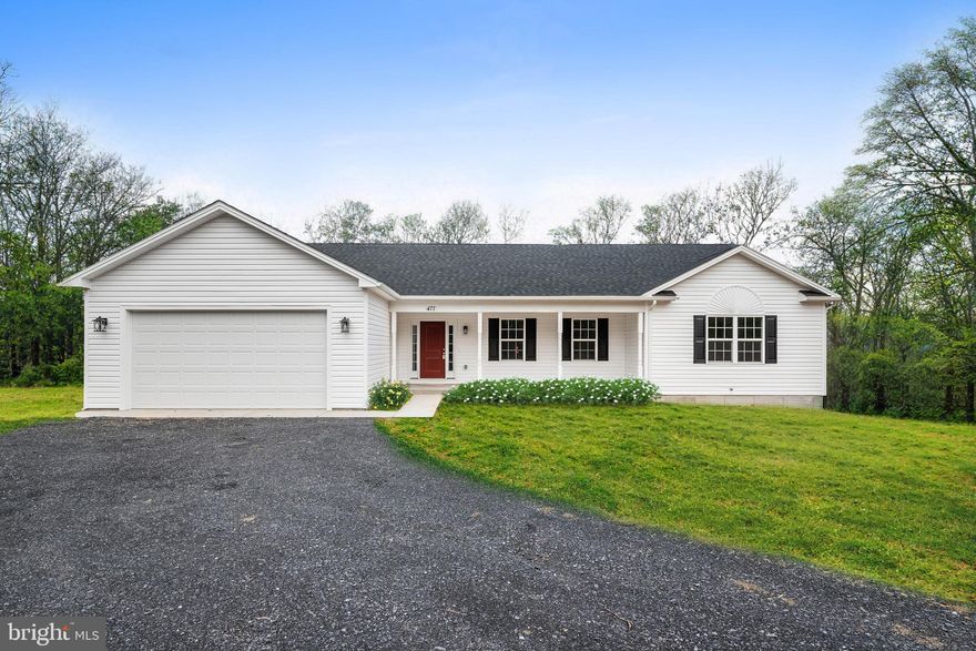 New Price! Move-In Ready Ranch Home on 3.5 Acres!
This stunning, newly completed 2025 ranch home offers the perfect blend of modern comfort and country charm. Featuring 3 bedrooms, 2 full baths, and a full walk-out basement, this home is designed for both relaxation and future possibilities. Step inside to an open floor plan that effortlessly connects the kitchen, living, and dining areas—ideal for entertaining or everyday living. The primary suite boasts a luxurious tiled stand-up shower and a spacious walk-in closet. The upgraded kitchen cabinetry with soft-close doors adds a touch of elegance to your space. With a full unfinished walk-out basement and a 2-car garage, you'll have ample storage and room to expand. Plus, enjoy the privacy and freedom of 3.5 acres—plenty of space to create your dream outdoor retreat. Conveniently located just 20 minutes from Winchester Medical Center and shopping and only 5 minutes from the local country store, this home offers both tranquility and accessibility. Don't miss this incredible opportunity—schedule your showing today!! 
All sizes are approximate.