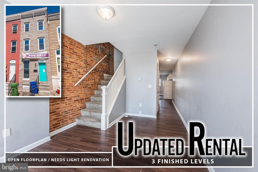 SPACIOUS 3 LEVEL ROWHOME WITH TONS OF POTENTIAL!  Light renovation needed to bring this property back to it's glory days.  Main level offers a spacious living room, main level half bath, and kitchen, 2nd level with 2 bedrooms and 1 full bath, 3rd level with 3 additional bedrooms and a 2nd full bath, unfinished basement that's perfect for storage, and a rear yard.  Located close to Johns Hopkins & steps from Collington Square. Property is sold As-Is! If there is a ground rent, seller will not redeem.