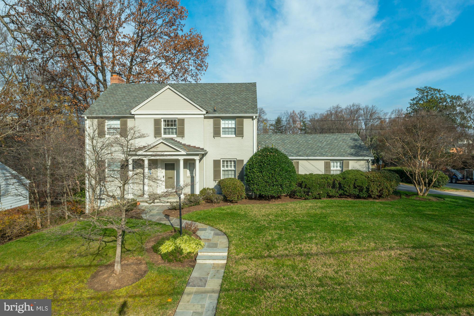 Graceful & elegant 6BR/4.5BA Chevy Chase gem with fantastic back deck and yard. Approx. 4600SF of living space. Well proportioned rooms, great flowing floor plan + beautiful millwork. Renovated eat-in kitchen and family room showcasing a vaulted ceiling + built-ins. Great deck for entertaining. Main level master bedroom suite. Four finished levels. Two car attached garage and mud room.
