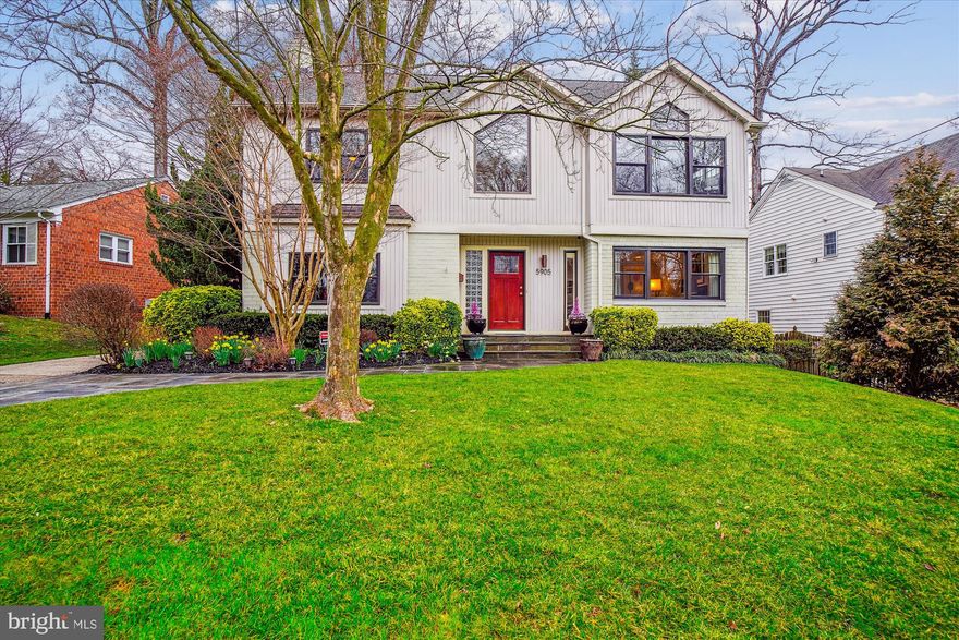 UNDER CONTRACT - NO OPEN HOUSE SUN. Welcome to 5905 Madawaska, a 5 BR/4.5 BA Contemporary that has been expanded and reimagined to boast the ideal floor plan for everyday living and gracious entertaining. The center hall foyer leads into the sun-splashed living room with gas fireplace opposite the elegant formal dining room with wood burning fireplace, pass thru to kitchen and window seat. The expansive eat-in gourmet kitchen features S/S appliances, two dishwashers, granite counters, fabulous island, built in bar area, pantry, cathedral ceiling and access to the terrace and yard. A powder room and study with lovely view of the backyard water feature complete the hardwood floored main level. The upper level highlights include a large Primary bedroom with double walk-in closets, ceiling fan, ensuite full bathroom with spa bath, glass shower and dual sink vanity, second and third bedrooms with ceiling fans, hall bath with tub and laundry room.  Large windows flood the space with light and a high-ceilinged attic offers lots of additional storage. The lower level offers a rec room, fourth and fifth bedrooms with two additional full baths and a work room.  Windows throughout the home were replaced in 2023 and a new roof installed in 2024.  The flat backyard showcases a flagstone patio, beautiful landscaping and a storage shed. Enjoy this wonderful walkable neighborhood close to the Capital Crescent Trail and Shops at Sumner Place!