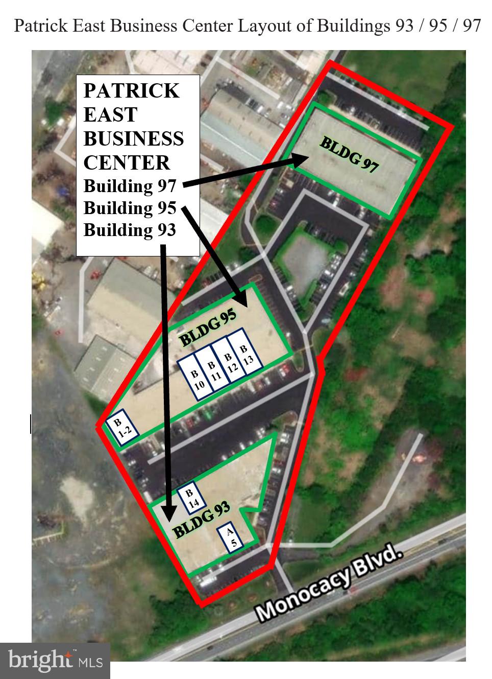 Building 95 Suites B10 & B11 is 4,160 SF. Suites B10 & B11 & B20 & B21 can be combined for a total of 8,320 SF.
Units are Air Conditioned.
LISTING AGENT MUST ACCOMPANY SHOWING FOR THESE FOUR UNITS.
Each Unit contains a restroom. Suite B13 contains an Office. Warehouse Space Located Near I-70 Exit and Adjacent to East Patrick St. & Monocacy Blvd. Buildings are concrete block & metal construction. Warehouse Ceiling Height is 14 ft.. Free Surface Parking with Security Lighting. All units have Gas Heat and are Sprinklered & Monitored.