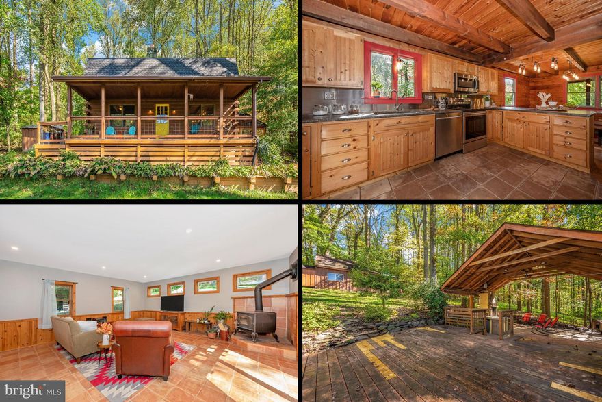Calling all nature lovers! An extraordinary secluded sanctuary awaits your visit, surrounded by lush natural beauty, neighboring the Frederick Watershed and Gambrill Mountain. This idyllic spot is perfect for a weekend retreat, an Airbnb rental, or even your cherished forever home. Resting on just under 1 acre of serene tranquility, this exceptional dwelling was meticulously crafted from Heart-cut logs, known for their exceptional energy efficiency and the unparalleled warmth that can only be found in a log home. Boasting an impressive 2864 square feet of beautifully finished living space, this residence offers 4 bedrooms, 2 full baths, and a fully finished lower level, ideal for recreational activities. The curb appeal is truly striking, thanks to the inviting southern-style front porch that beckons you to unwind and create unforgettable memories. Stepping through the front door, you are greeted by a stunning room with beamed ceilings, inviting hardwood floors, natural wood walls, and a charming propane-burning stone fireplace in the living area. From there, you descend into an expansive family room featuring authentic Saltillo Mexican clay tile floors and a Vermont Casting Wood Stove, with convenient access to a spacious patio. The kitchen is a chef's delight, boasting custom concrete countertops, a welcoming open bar for entertaining guests, and a cozy nook with stainless steel countertops and shelving. The upper level is home to another full bath and four generously sized bedrooms, including a master suite with gorgeous wide plank hardwood floors. Downstairs, on the lower level, you will find a recreation room, a laundry area, and a storage room with a walkout exit that immerses you in the beauty of the surrounding nature. Whether your passions lie in fishing, mountain biking, rock climbing, trail running, or simply seeking solace in your very own sanctuary, the expansive outdoor wooden pavilion will serve as your year-round haven. This magnificent pavilion features a concrete outdoor bar, an ornate fireplace, enchanting lighting, and countless scenic vistas to enjoy day and night. Additional structures on the property include a delightful chicken coop, a storage shed, and a workshop. As if that weren't enough, the location is simply ideal for commuters, with a mere 10-minute drive to Frederick and immediate proximity to a myriad of hiking, biking, and climbing trails, fulfilling all of your outdoor adventure desires. After a fulfilling day of exploration, you can retreat to the comfort of your cozy log paradise. Don't delay, as this remarkable opportunity is exceedingly rare!
