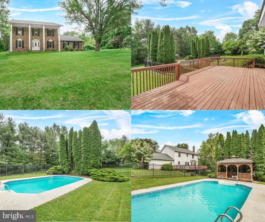 **Check out the Video Tour!!** Welcome to 3903 Thrasher Ct, a beautiful brick-front colonial located in a quiet court in the sought-after Farm Field Estates community in Monrovia. Set on just under 2 acres, this stately home features a tree lined driveway, 4 bedrooms, 2.5 bathrooms, and more than 2,600 square feet of space above ground.

The main level offers an inviting layout with a formal dining room, a living room that can double as a home office, laundry room, a wood burning fireplace and a large great room with a masonry fireplace. The kitchen is outfitted with granite countertops, ample cabinet space, mostly stainless steel appliances, and a casual dining area. The sliding glass door leads to a large rear deck (the deck was refaced within the last few years) overlooking a private, tree-lined backyard - perfect for relaxing or entertaining. A powder room is conveniently located off the foyer.

Upstairs you'll find four generously sized bedrooms, a hall bathroom, and a primary suite with a walk-in closet and private bath. The entire home has been freshly painted, and new carpet has been installed throughout, making it move-in ready.

The walkout basement offers excellent storage and holds great potential for future finished living space. It leads to a tranquil backyard featuring a fenced-in, in-ground chlorine pool with a new liner (2023) and mature trees that provide a peaceful, private setting. You can even enjoy lunch outdoors in the poolside gazebo. (This time of year, the yard has the sweetest hint of honeysuckle in the air!) Thanks to the separate pool fencing, little ones and pets can play safely in the yard. A storage shed offers dedicated space for storing yard and pool equipment.

Located in the Linganore High School district (Buyer to verify) and just minutes from commuter routes, shopping, and dining. No HOA. Schedule your showing now and you could be hosting summer pool parties in no time!
