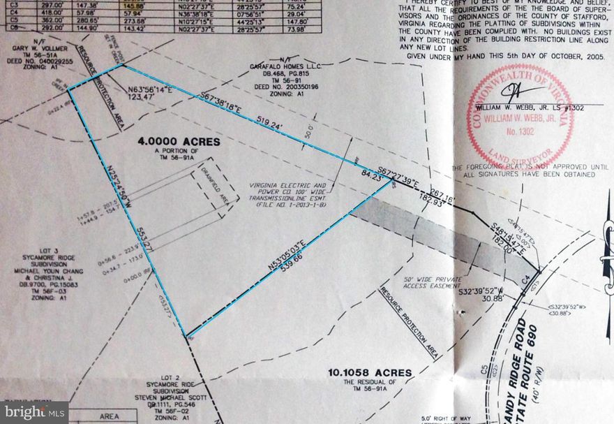 Private 4 acre lot in Stafford County.  Enjoy the serenity of this beautiful wooded lot and the convenience of being near the VRE, I-95 and downtown Fredericksburg.  Soil work performed in January 2004, 4 bedroom conventional perc.  Easement in place.
