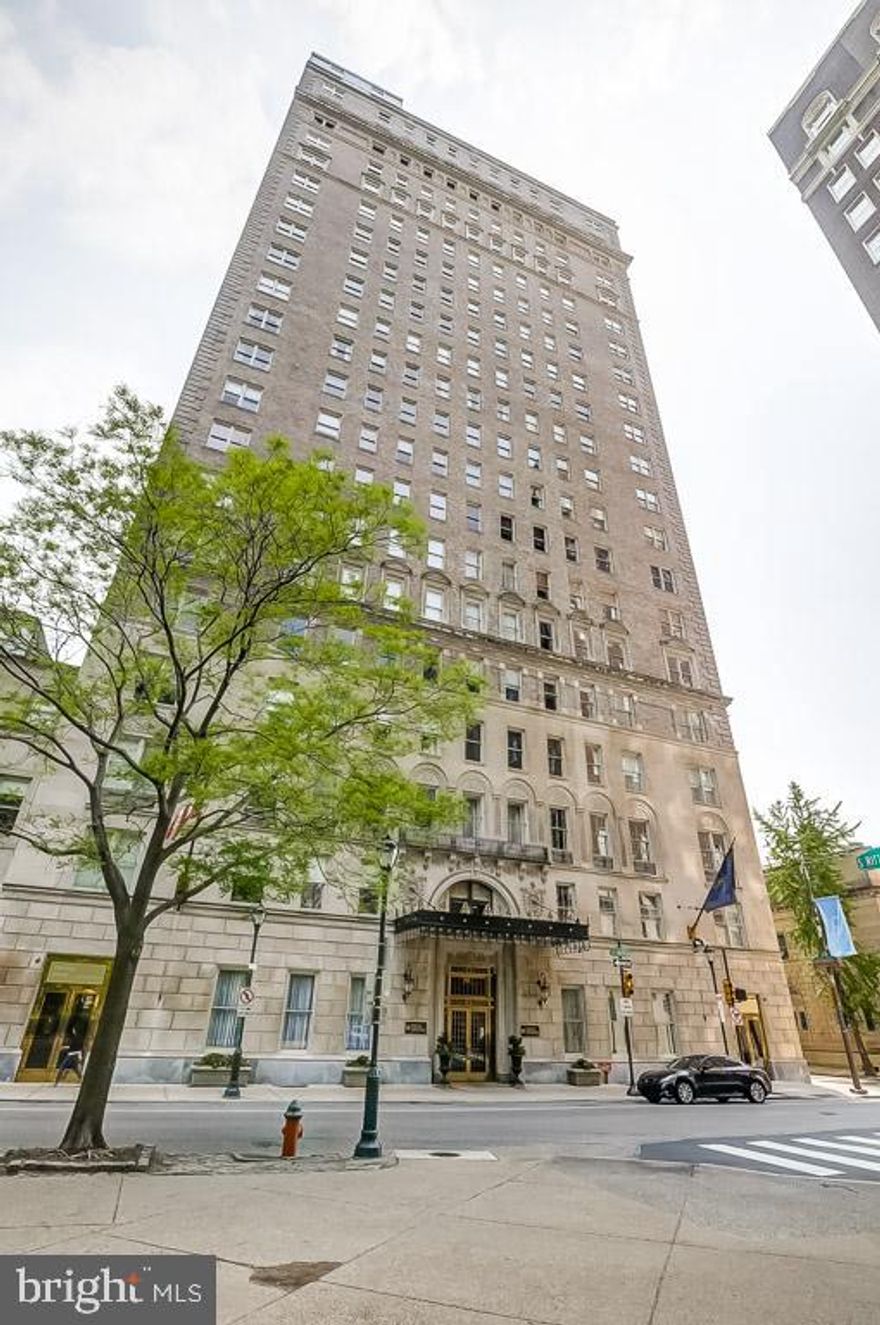 Incredible space and remarkable views at The Barclay atop Rittenhouse Square. This rarely available home at the highly coveted Barclay Condominium offers original architectural details, rich wood flooring, high ceilings, excellent entertaining space, and oversized windows showcasing panoramic views of the sunset over Rittenhouse Square, as well as sun-filled southern views over the Center City skyline. In its current configuration, the home a grand gallery foyer, gracious formal living room overlooking The Square, formal dining room, large bedroom suites, multiple flex spaces and great storage. Residents at The Barclay enjoy a twenty-four hour doorman, fitness center, chauffeur driven BMW, on-site management, and individually controlled heating and air conditioning. Stephen Starr’s Barclay Prime steakhouse is located on the building’s ground floor.