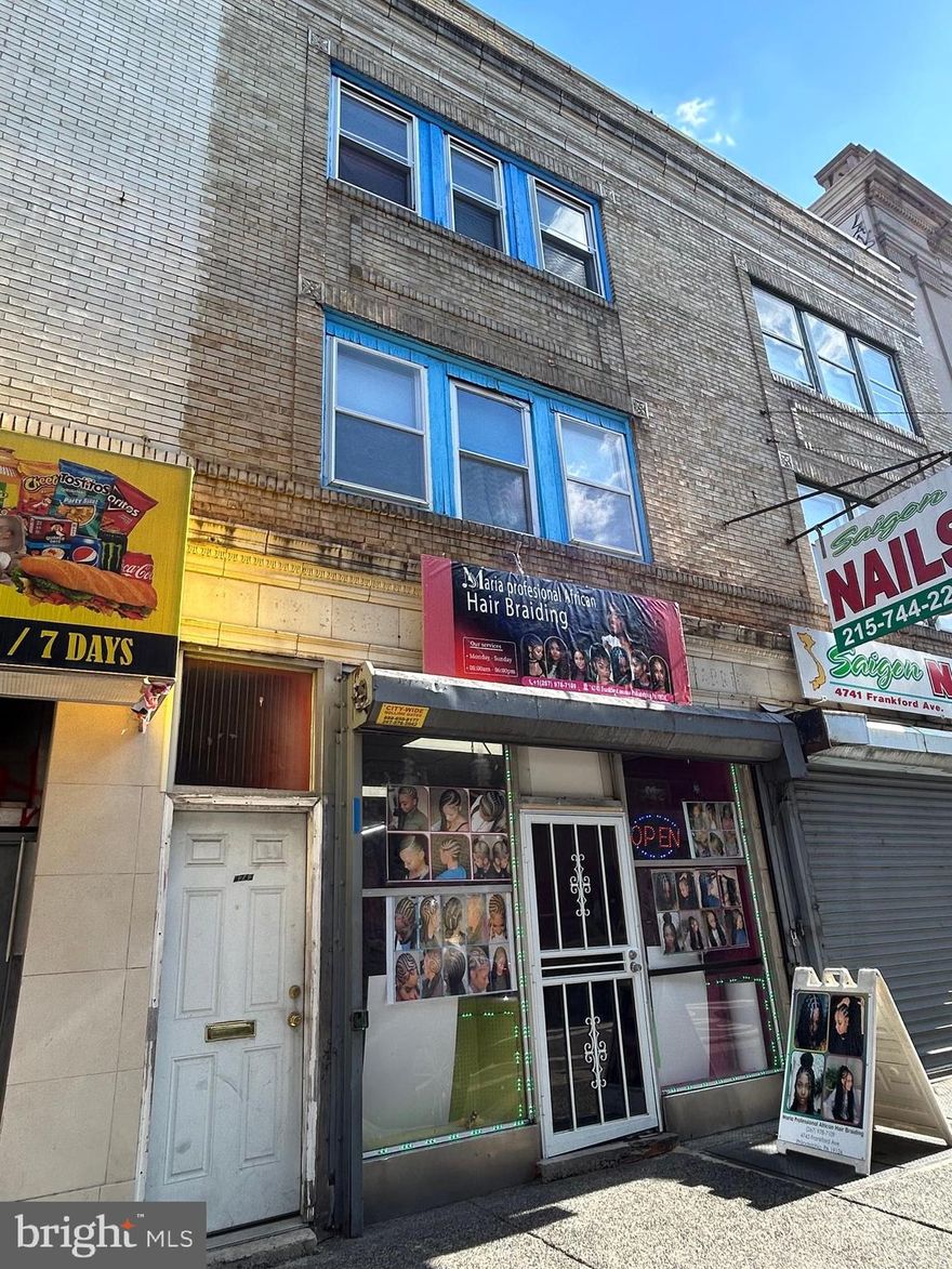 It's a commercial and residential mixed-use property on Frankford Ave, close to subway and bus station.  First floor is a braid store, lease expires on December 2027. Basement is accessed outside.  Second floor is a 3-bedroom apartment, occupied by good tenant who lives for several years. Third floor is also a 3-bedroom apartment, lease is on month by month.  There are three gas meters, three electricity meters and one water meter, one gas heater in basement for whole building. owner pays water and heat; Tenants pays their own utilities.