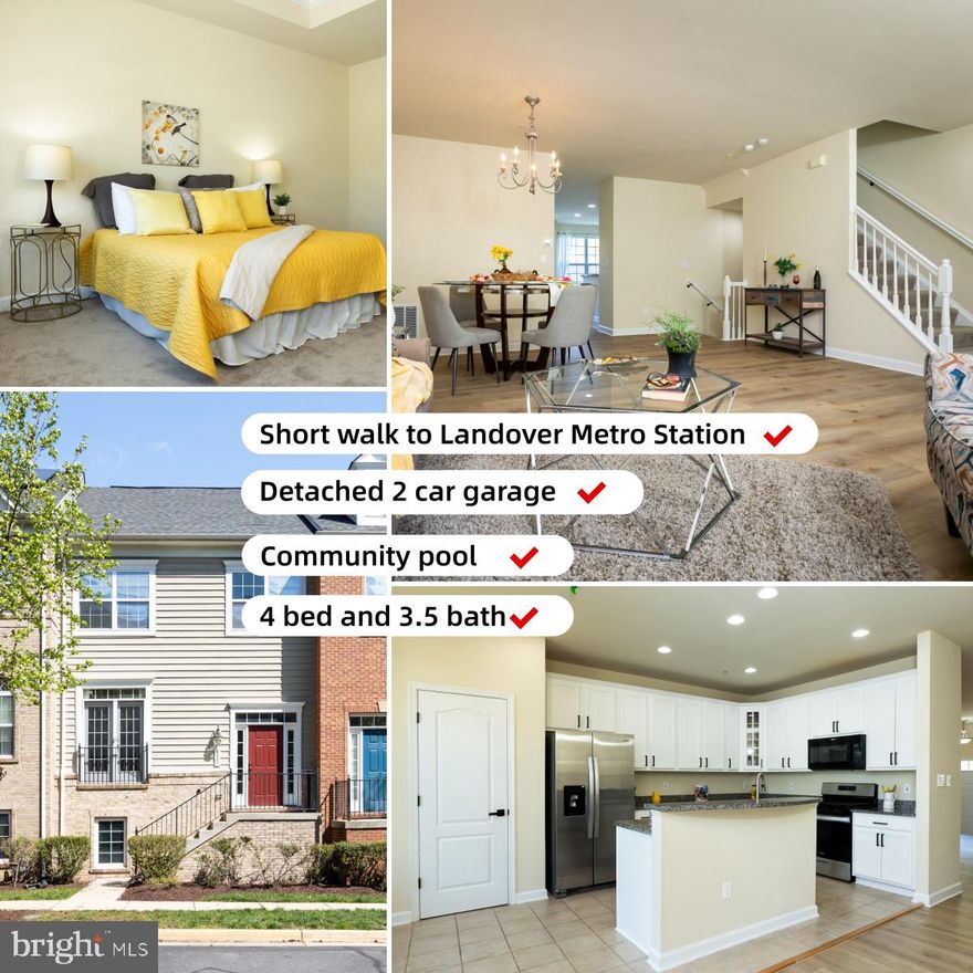 Welcome to this beautiful three-level townhome with a two-car garage offers approximately 2,656 sq ft of finished living space, combining comfort, space, and convenience in a highly accessible location.

The main level features an open and inviting layout with a spacious living and dining area, with new flooring and abundant natural light. The large gourmet kitchen includes ample cabinetry, a pantry, a center island, and a bright breakfast/sitting area with a cozy fireplace. A glass door leads directly to the private balcony, perfect for relaxing or entertaining.

Upstairs, the primary suite impresses with high ceilings, a walk-in closet, and a private bathroom featuring a double-sink vanity, separate shower, and Jacuzzi tub. Two additional generously sized bedrooms and a full bathroom complete this level. The laundry room is conveniently located on the bedroom level, making everyday living easier.

The fully finished walk-out basement offers a spacious family room, a large bedroom, and a full bathroom. With large windows bringing in natural light, this level feels bright and comfortable. The basement also provides direct access to yard that connects to the two-car garage.

This home is ideally located near major commuter routes including Interstate 495, providing quick access to Washington and surrounding areas. Approximately 8–10 minute walk to the Landover Metro Station (Orange & Silver Line). Minutes from the Prince George’s Sports & Learning Complex, offering an indoor track, Olympic-size pool, fitness center, and sports programs. Shopping, dining, and entertainment are just minutes away at Woodmore Towne Centre, while outdoor recreation can be enjoyed at Walker Mill Regional Park. Sports and entertainment fans will also appreciate the proximity to FedExField, home of major events and games.

With its spacious layout, functional design, and convenient location close to shopping, parks, and commuter routes, this home offers the perfect balance of comfort, style, and accessibility.