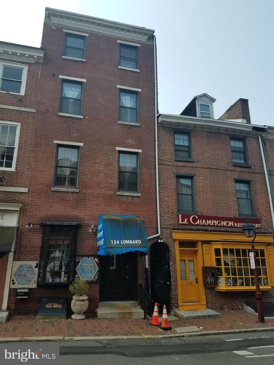 Priced to sell! Located in the Coveted Society Hill/ Head-house Area, Two adjacent mixed-use buildings sharing a nice courtyard and a large basement SOLD AS A PACKAGE. Two separate commercial spaces, two separate Tax ID's for this great price. Total living sq feet: 7312.  Lot size: 37 ft  x 60 ft. 124 Lombard: Sushi Bar (two rooms) at ground level with a well-appointed kitchen. Five studios located at the 2nd, 3rd, and 4th floors, two of them rented at 1000/mo each, and three of them used as Air B&B, which could also be easily rented for long term. 126 Lombard: Beauty Parlor, Nail Salon or Office space  ( 18 x 28 ft) with bathroom and kitchenette plus  two studios rented at 1100/mo each and one 1 x Bedroom apartment rented at 1500/mo. Don't miss it!