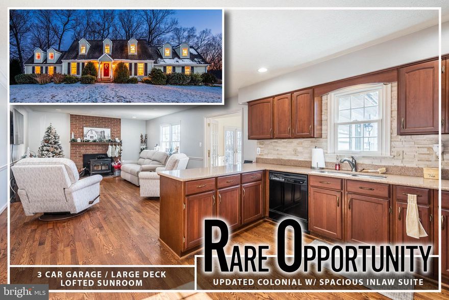 Discover this captivating Sprawling Cape Cod nestled on a picturesque 1-acre lot, offering approximately 2,600 sq. ft. of thoughtfully designed living space. Gleaming hardwood floors flow throughout, creating a warm and inviting atmosphere. The formal dining room is perfect for entertaining, while the kitchen dazzles with Quartz counters and ample prep space. Cozy up by the wood-burning fireplace in the family room, or unwind in the sunroom featuring a vaulted ceiling and serene views.  The main level includes a convenient half bath, while the upper level hosts a luxurious primary suite with its own full bath, along with two additional spacious bedrooms and another full bath. The in-law suite is a true retreat, complete with a bedroom, full bath, and sitting room.  There is also a bonus room with separate outside and basement entrances - perfect for a workshop space or additional storage space.  Outside, enjoy the rear composite deck and landing with electric retractable awnings overlooking a private yard that backs to tranquil woods, a storage shed, and a 3-car garage providing ample space for vehicles and hobbies. The unfinished basement offers abundant storage options. Don't miss the chance to call this exceptional property home—schedule your tour today!  SOLD AS-IS!  BUYER TO PAY SHORT SALE NEGOTIATION FEE