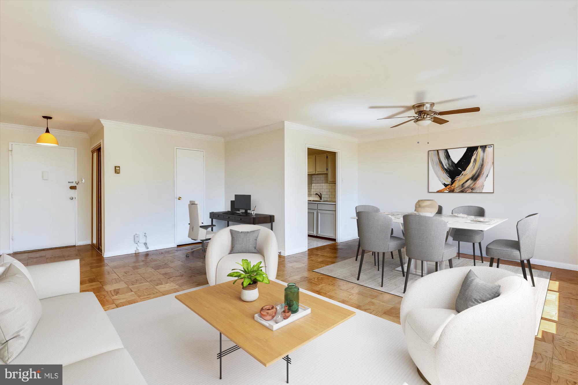 Oversized sunny bright south-facing one bedroom . Tons of closet space and building offers EXTRA STORAGE, room to transform bedroom closet into walk-in. Renovated kitchen and bath. Amenity-rich, centrally located building ALL UTILITIES INCLUDED. Building has outdoor POOL, staffed front desk, bike room, roof deck. Ample FREE PARKING in the lot behind the building and garage parking available for rent. Onsite management and in-unit maintenance program (easy living). Centrally located downtown Silver Spring, walk to Metro. Easy commute to 495, UMD, Bethesda, DC.